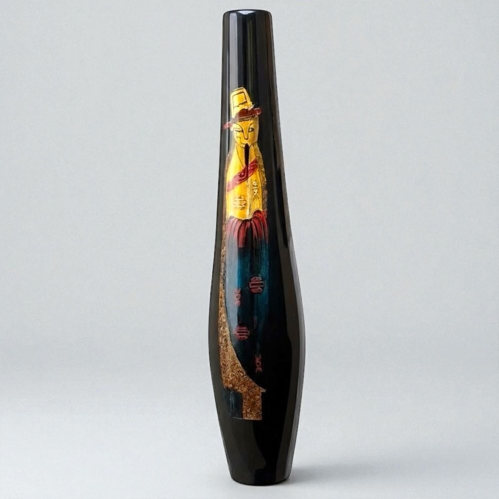 Vintage Japanese Gilded Gold Black Lacquer Tall Vase - Picture 13 of 14